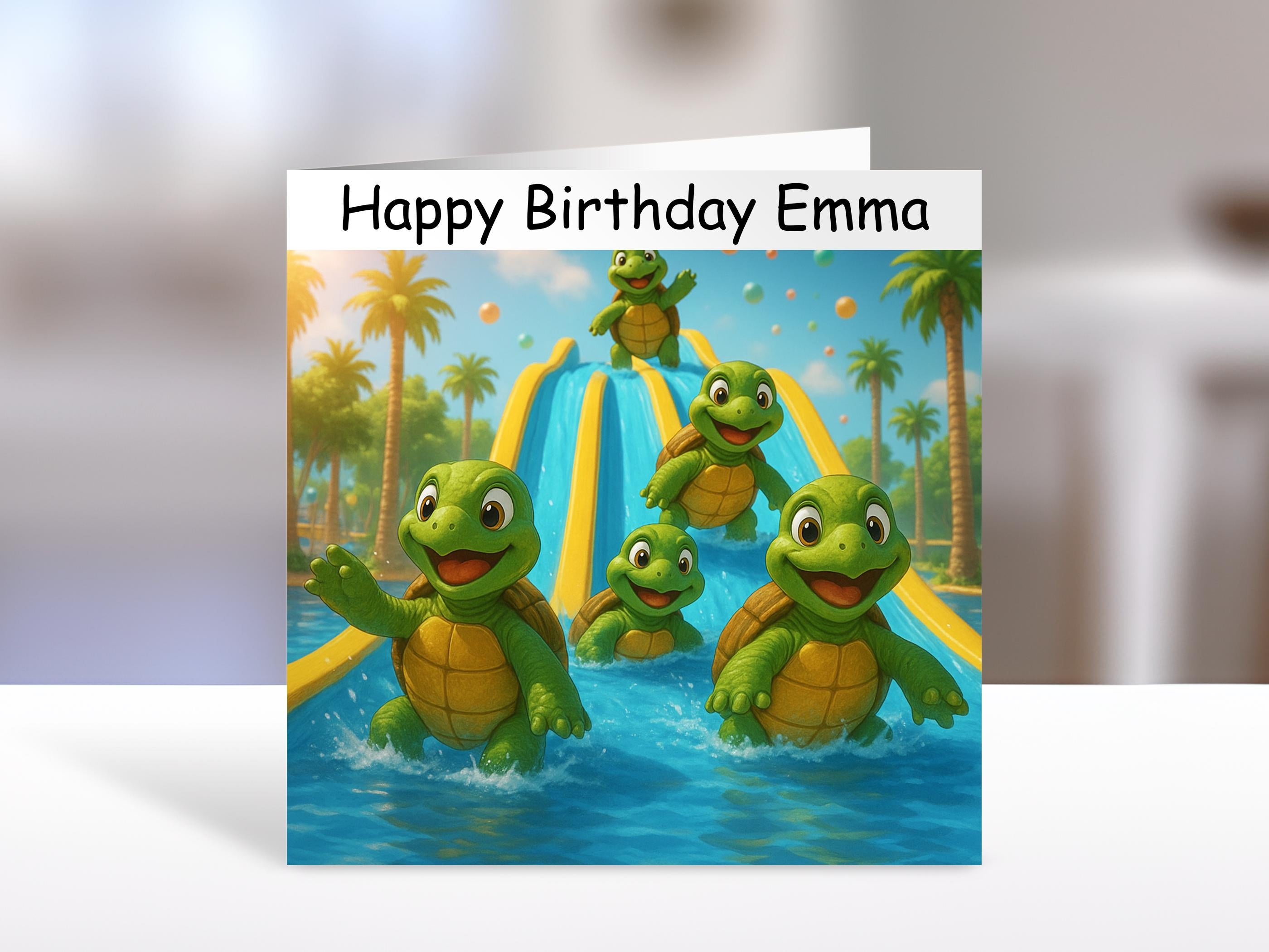Turtle Birthday Card,water slide | Personalised card for friends, family, kids