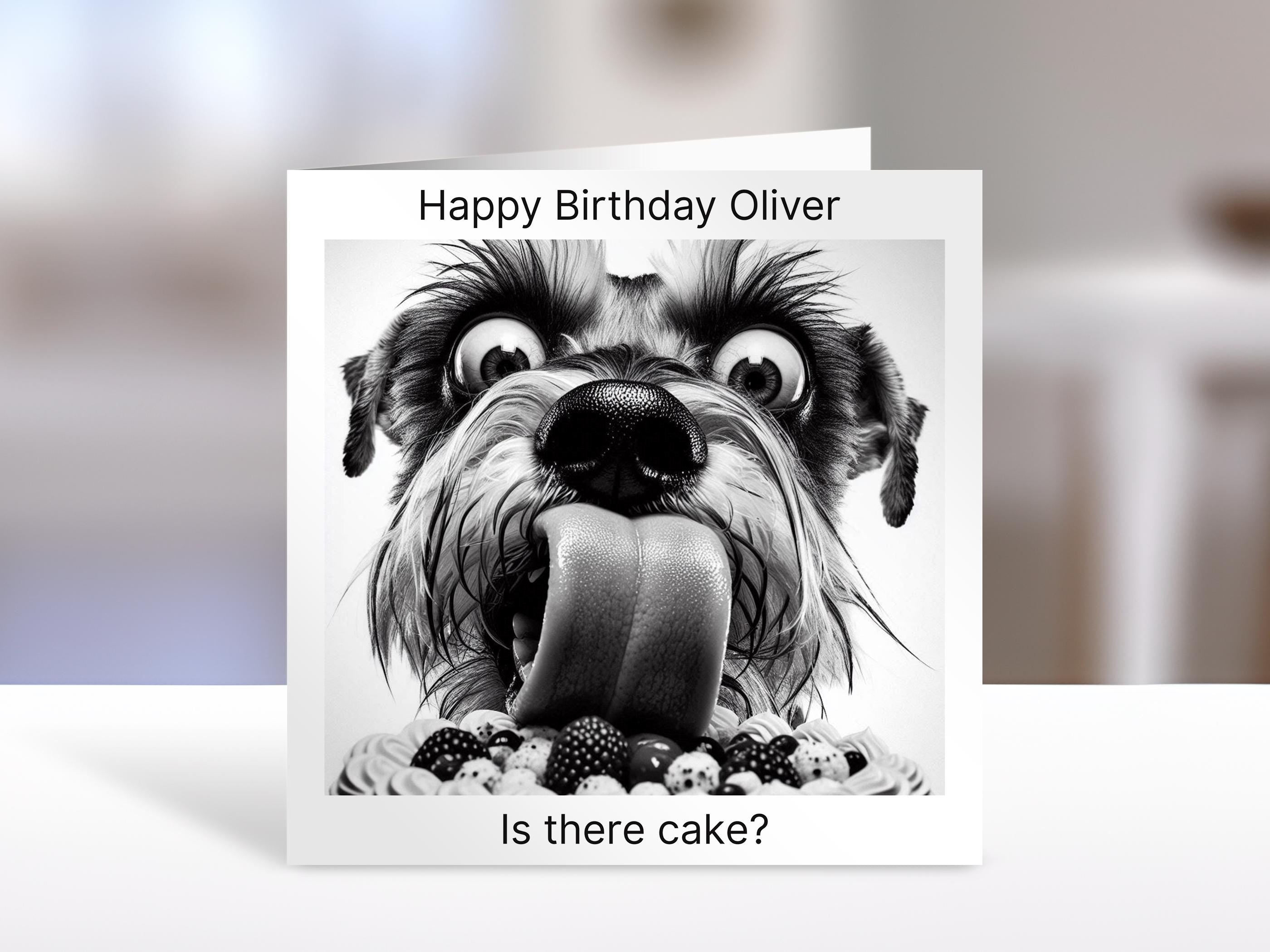 Schnauzer Birthday card | Black and white, is there cake, humorous greeting Cards | personalised card for friends, family, dog lovers