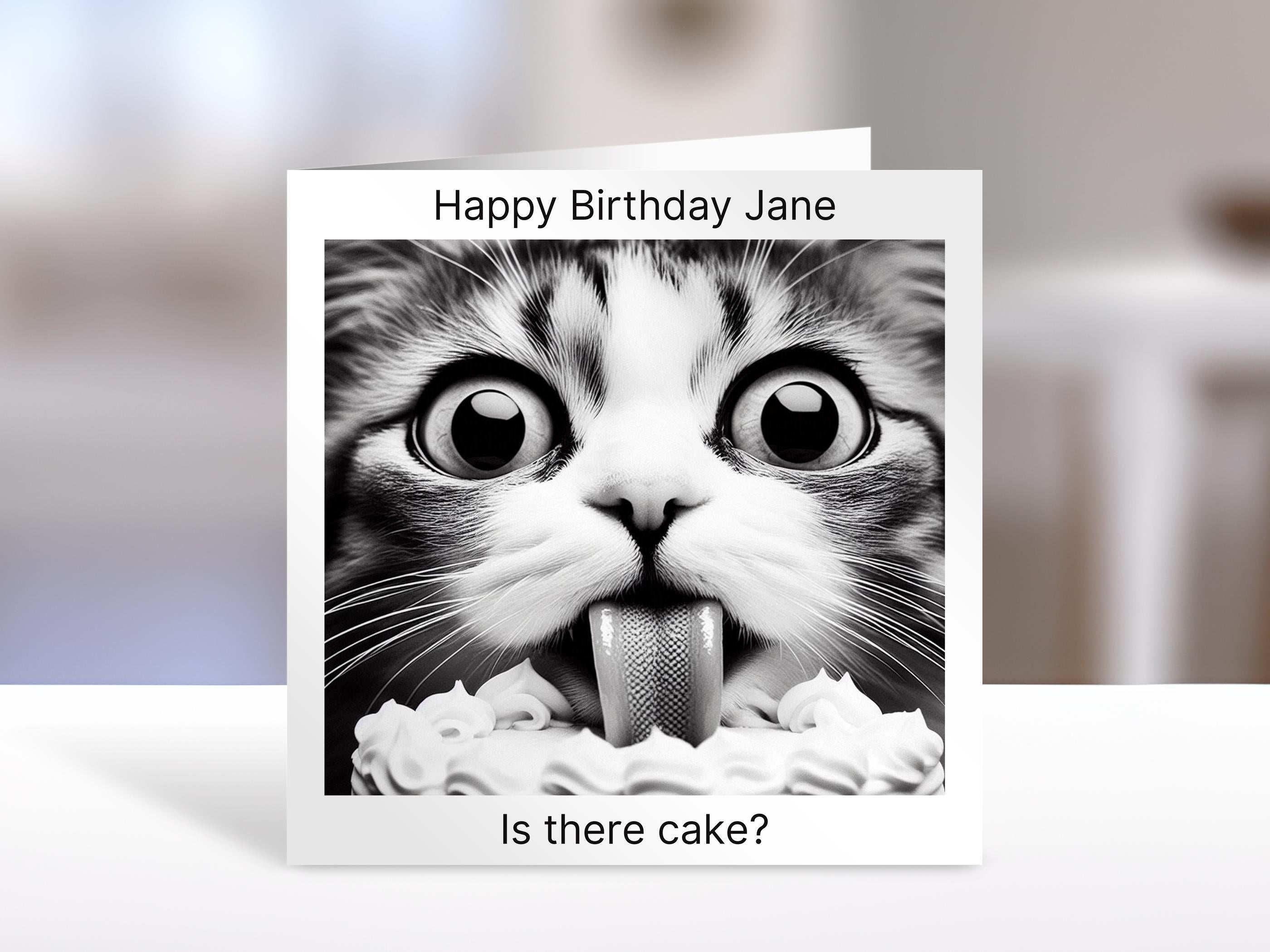 Cat Birthday Card, is there cake? | Humorous Personalized Greeting Card for Cat Lovers, Friends & Family – Unique Funny Cat Lover Gift