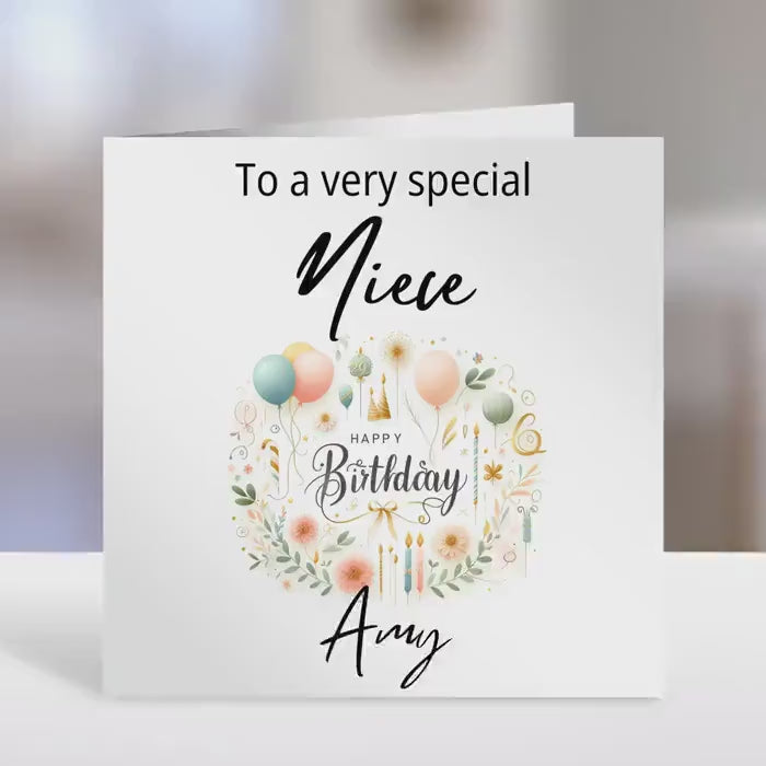 Personalised Niece birthday card,  balloons and more design