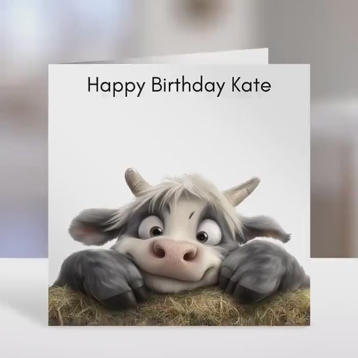 Personalised birthday card, highland cow  design