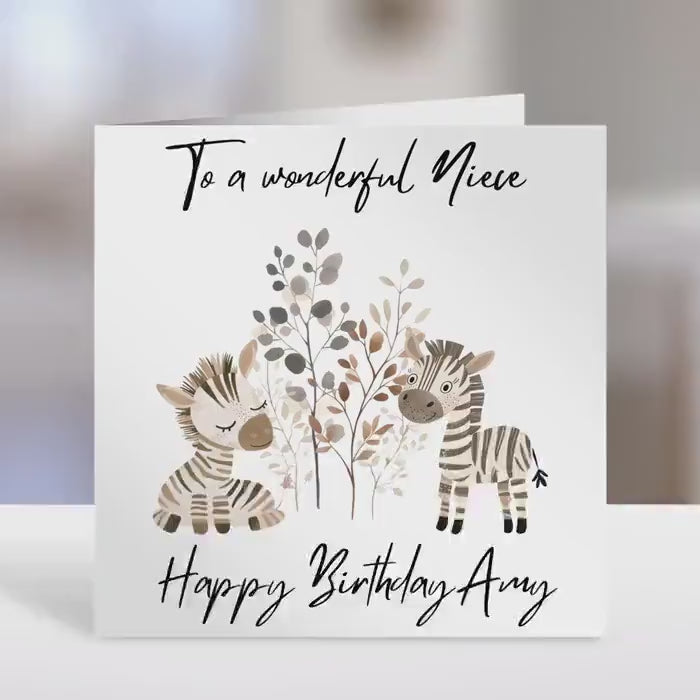 Personalised Niece birthday card,  zebra design