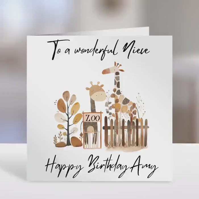 Personalised Niece birthday card,  zoo design, Gift