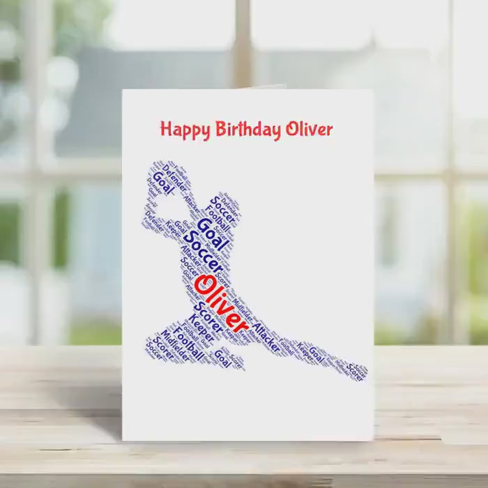 Personalised soccer goalkeeper birthday card, male,  word art