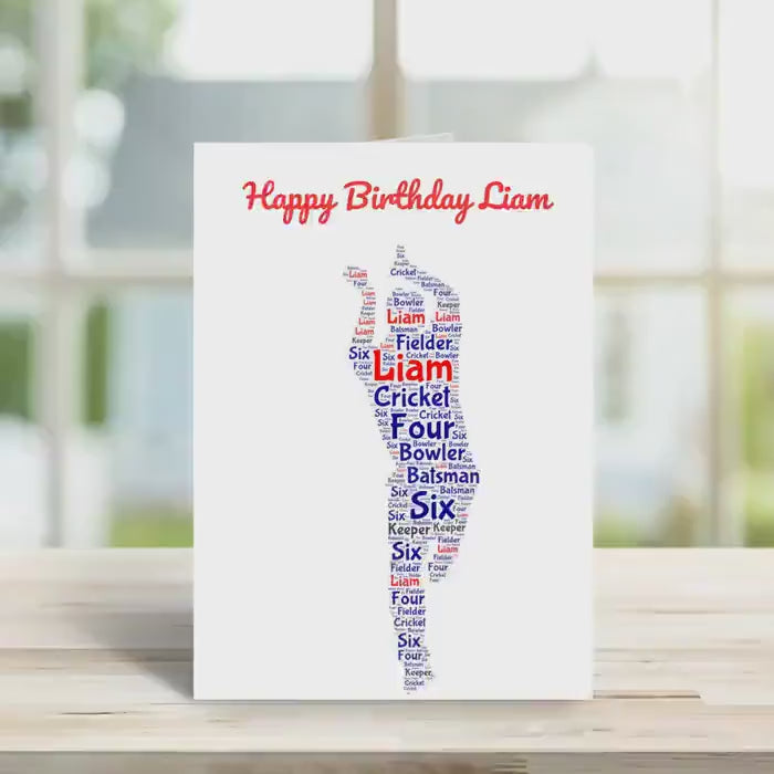 Personalised Cricket birthday card, right handed bowler