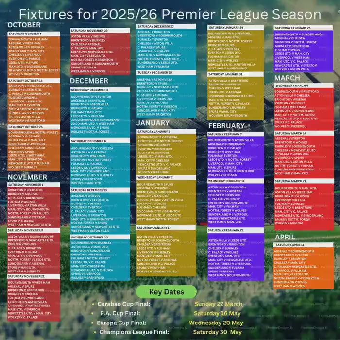 Fixtures wall chart, 2025/26 Premier League football season,  A1, A2 or A3 sized