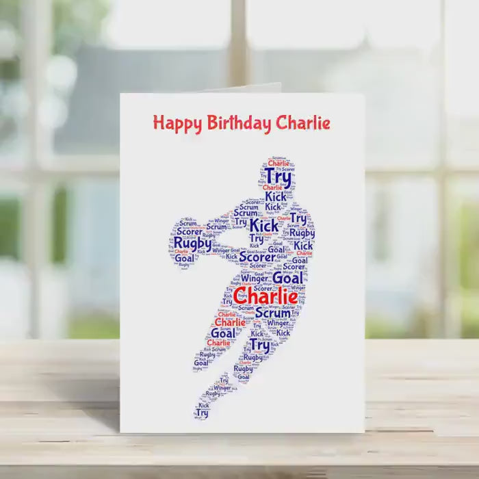 Personalised Rugby birthday card,  word art