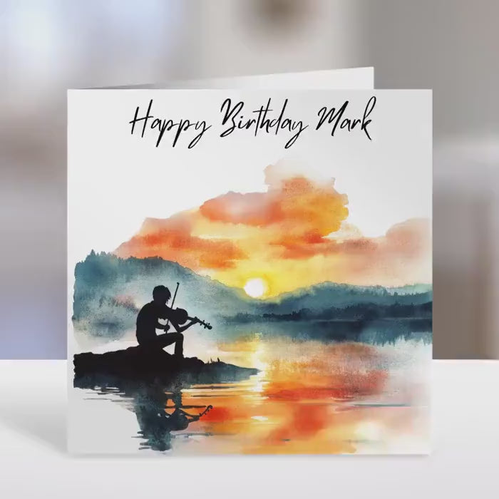 Personalised birthday card,   violin sunset design