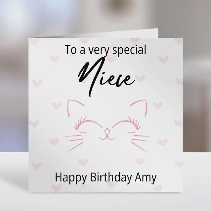 Personalised Niece birthday card,  cat and hearts