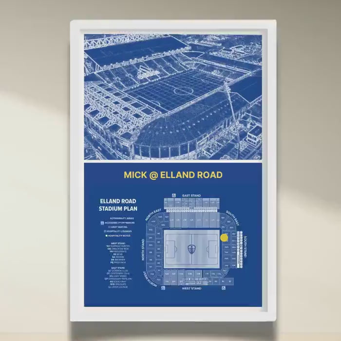 Elland Road Stadium Print Personalised Blueprint Map Seating Plan Gift with Name and Seat Number