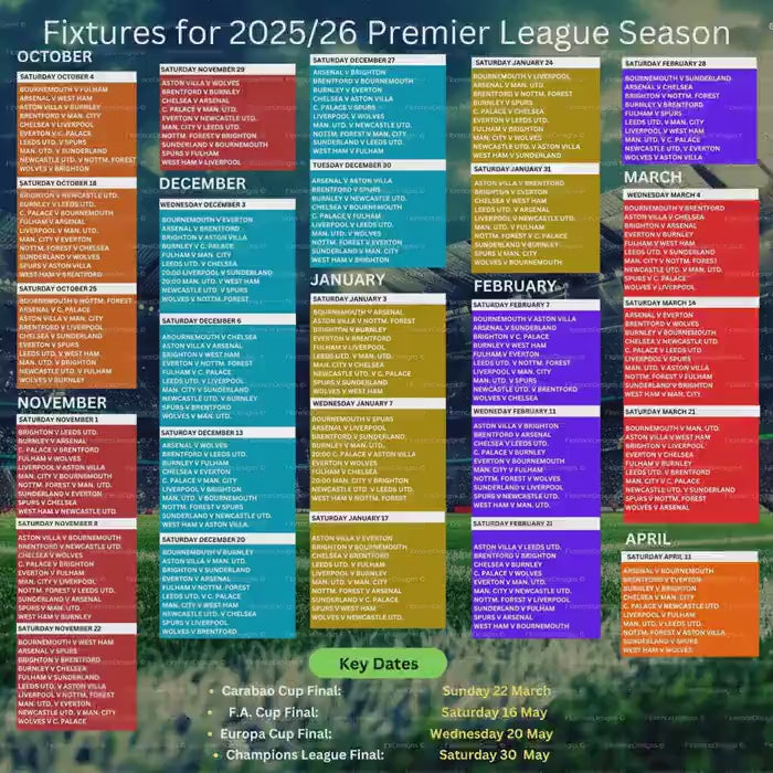 Fixture chart for Premier League teams, 2025/26 season, Digital download,  Print at home version.