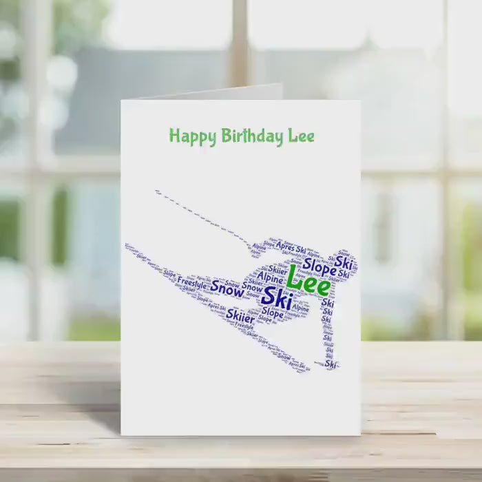 Personalised Ski birthday card,  word art