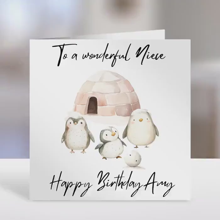 Personalised Niece birthday card,  penguin design