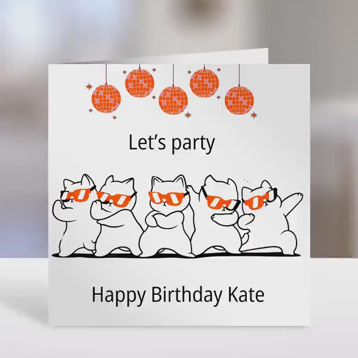 Friend Personalised birthday card,  cat party design