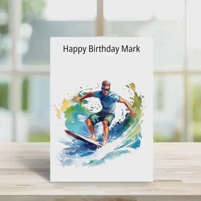 Personalised surfer birthday card, watercolour