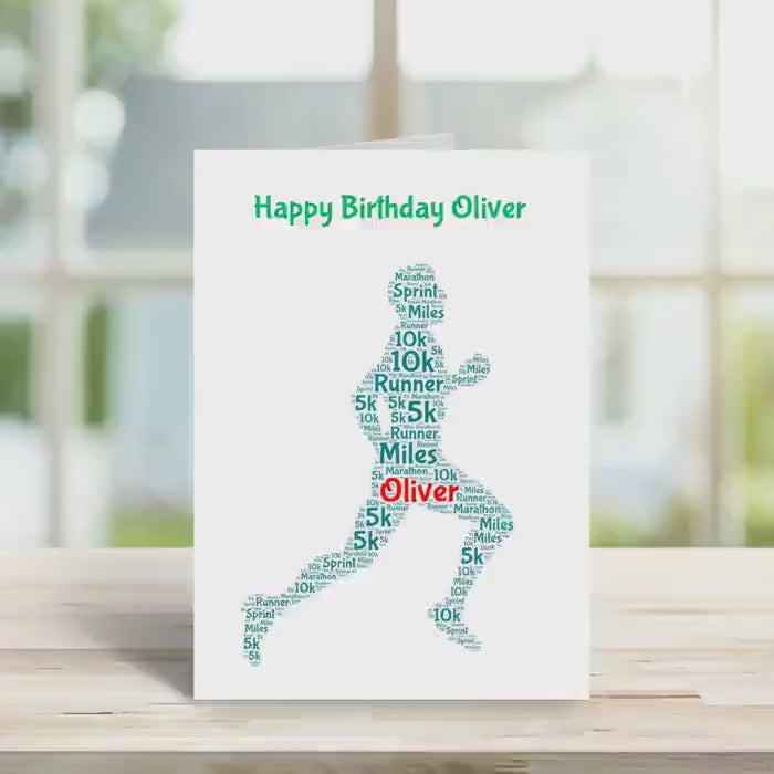 Personalised Runner birthday card,  male version, word art
