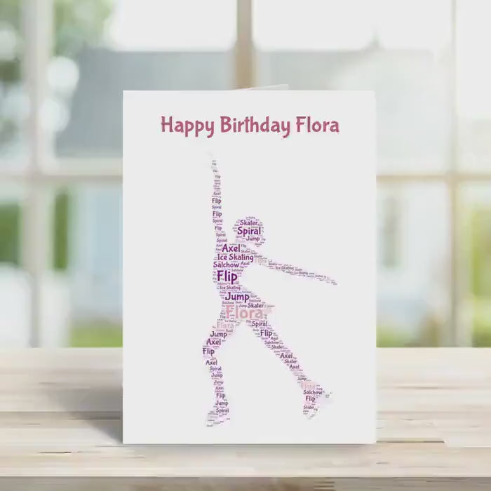 Personalised Ice skating birthday card, word art, Home Gift
