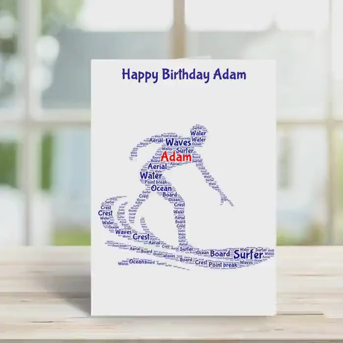 Personalised Surfer birthday card,  word art