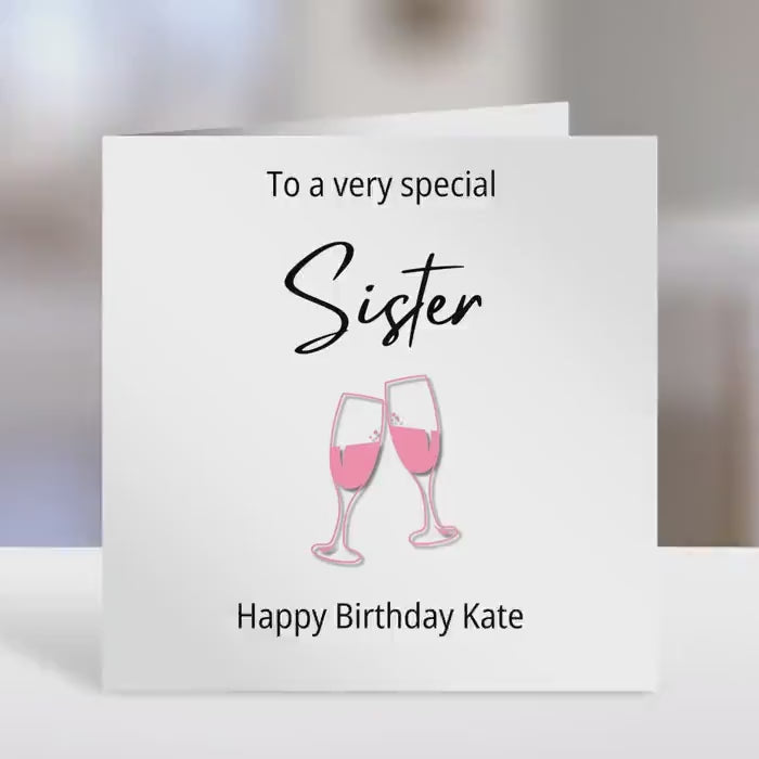 Sister Personalised birthday card,  wine glass design