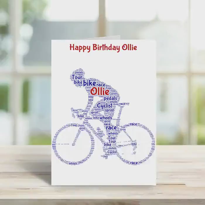 Personalised cyclist birthday card, male,  word art