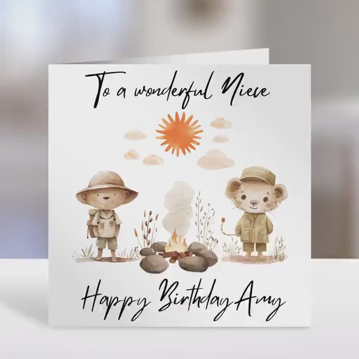 Personalised Niece birthday card,  campfire design